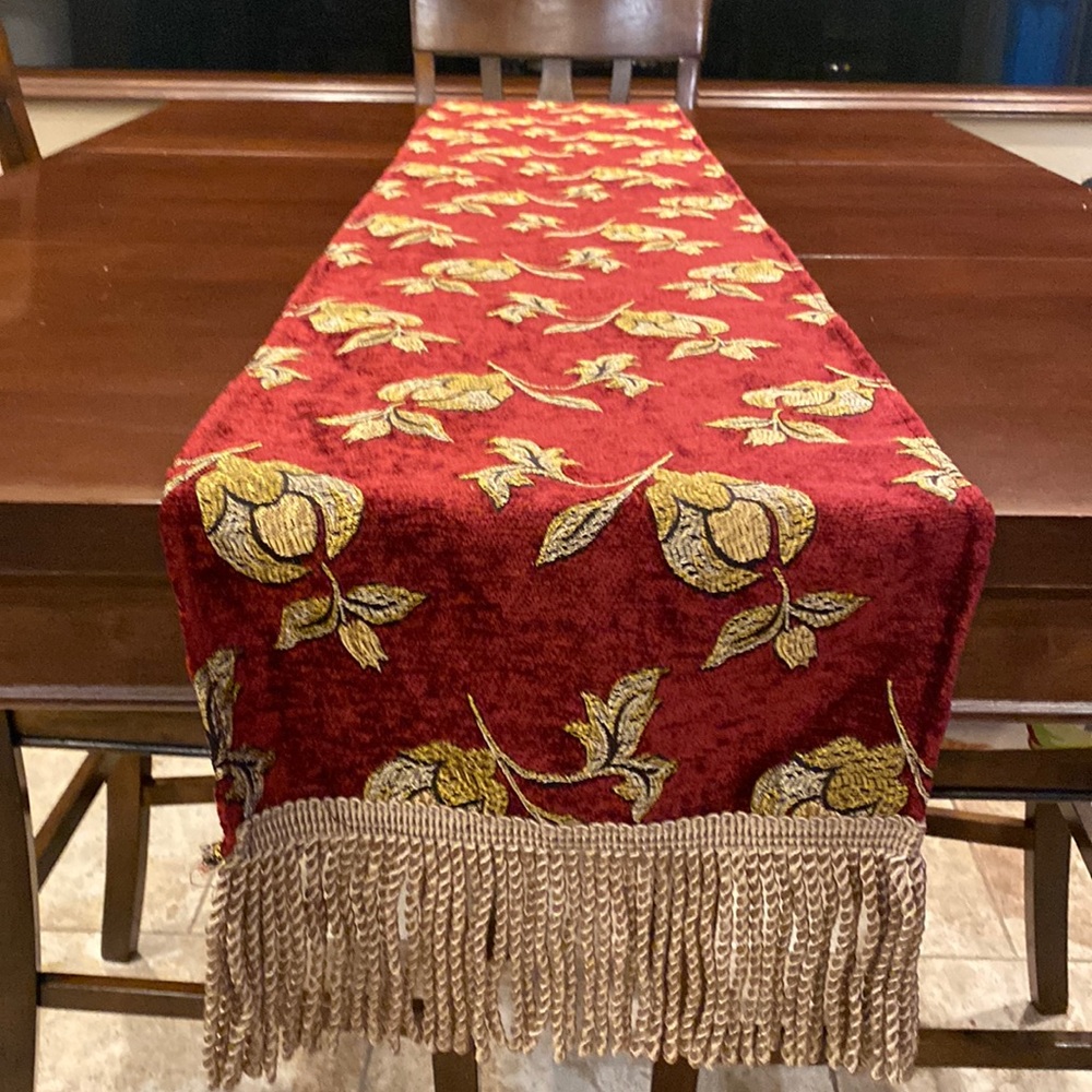 Table runner cranberry and gold colors 70” ( not including edge detail)